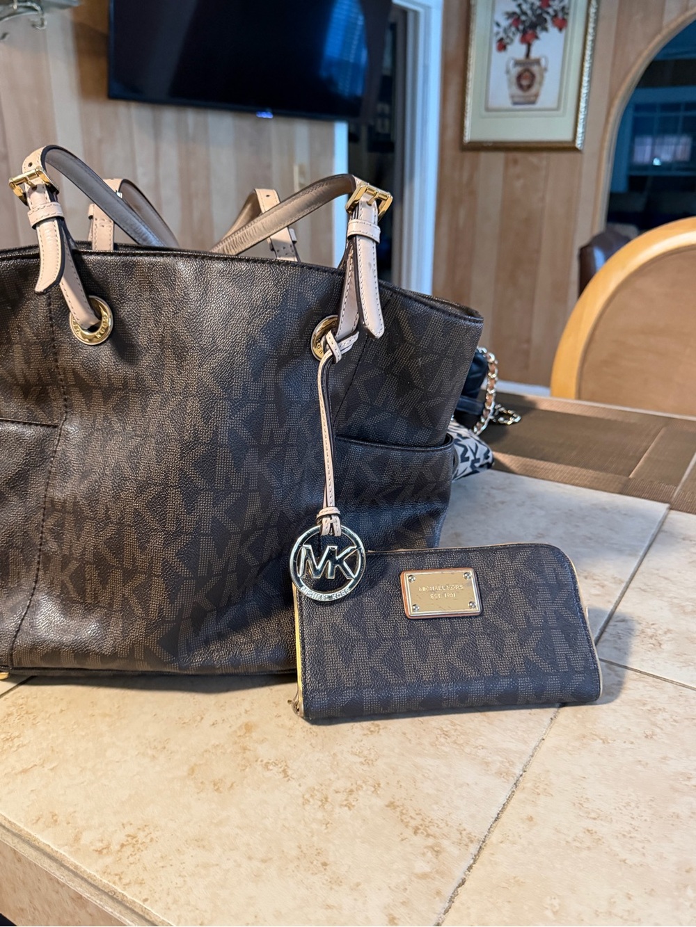 Michael Kors Brown Logo Tote with Matching Wallet and Gold Accents